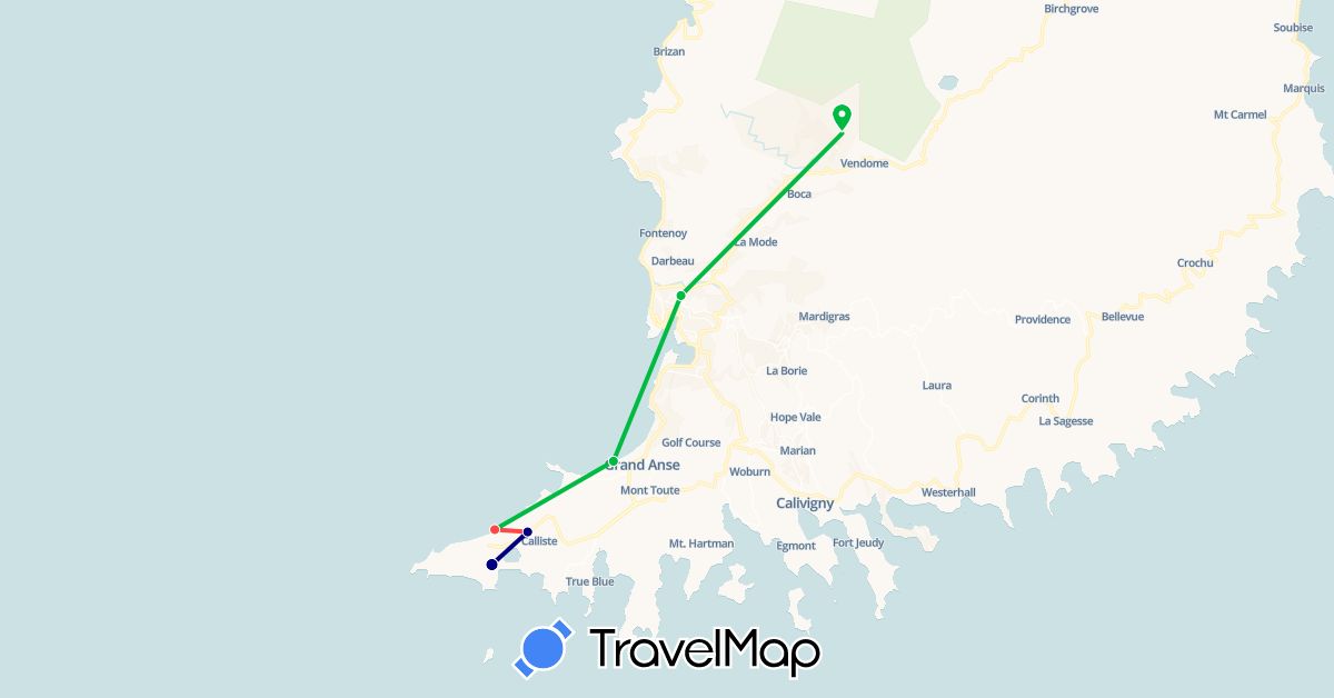 TravelMap itinerary: driving, bus, hiking in Grenada (North America)