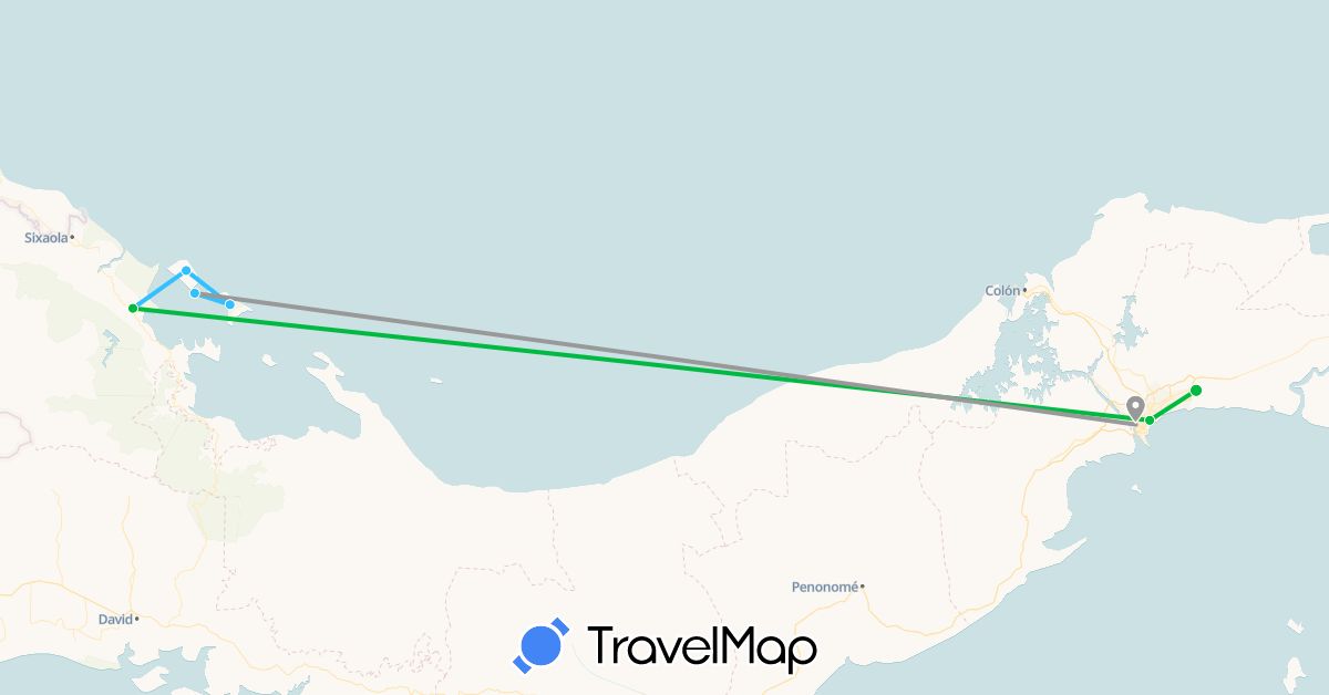 TravelMap itinerary: driving, bus, plane, boat in Panama (North America)