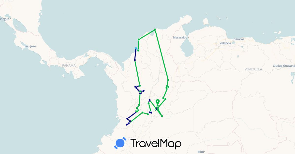 TravelMap itinerary: driving, bus, boat in Colombia (South America)