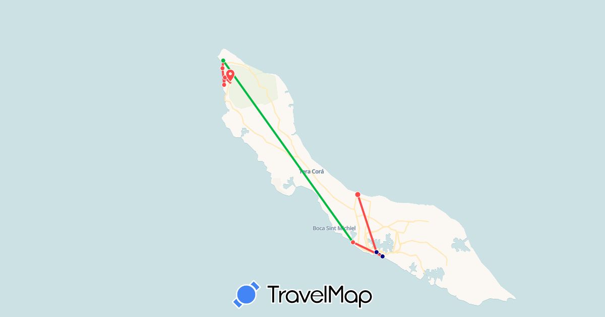 TravelMap itinerary: driving, bus, hiking in Curaçao, Netherlands (Europe, South America)