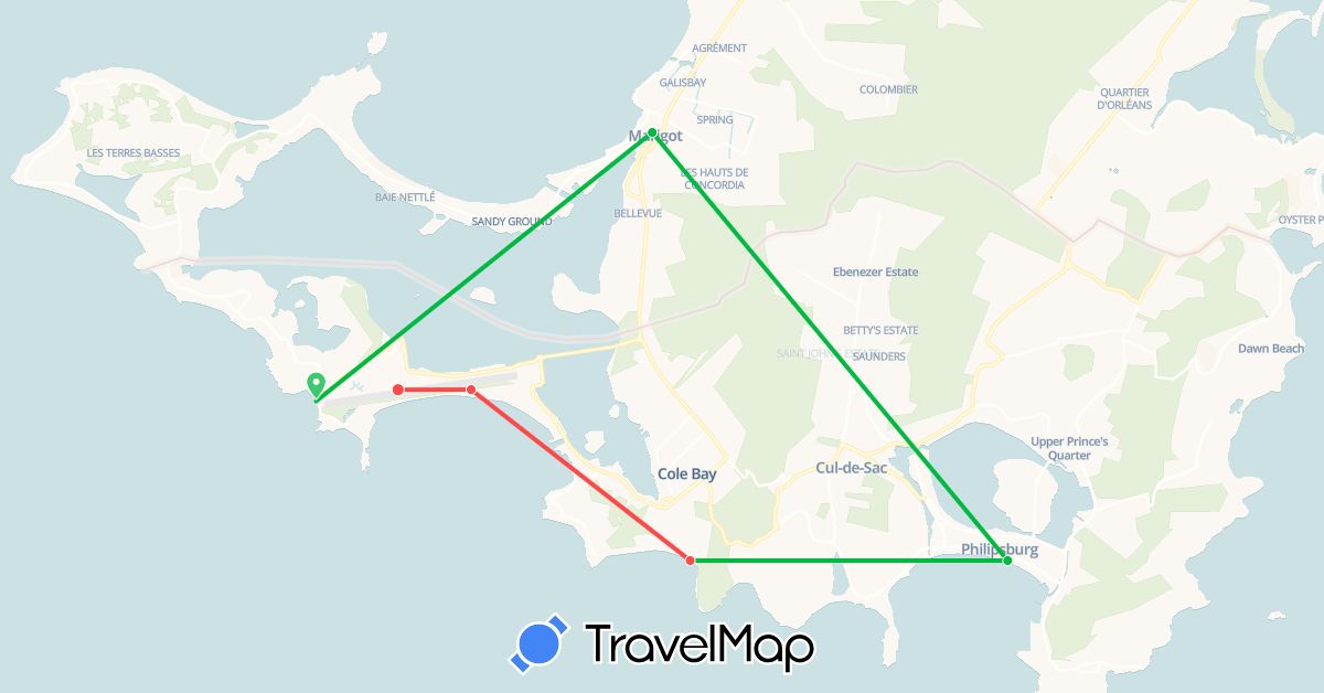TravelMap itinerary: driving, bus, hiking in France, Saint Martin, Netherlands (Europe, North America)