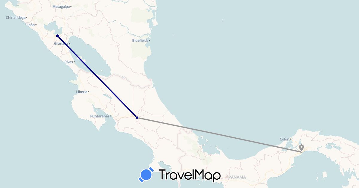 TravelMap itinerary: driving, plane in Costa Rica, Nicaragua, Panama (North America)